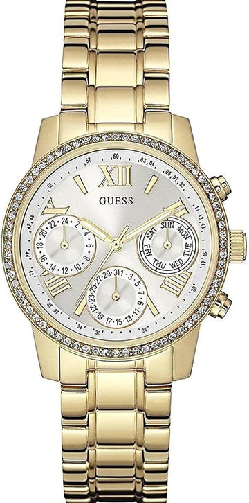 Guess Mini Sunrise Diamonds Silver Dial Gold Steel Strap Watch for Women - W0623L3