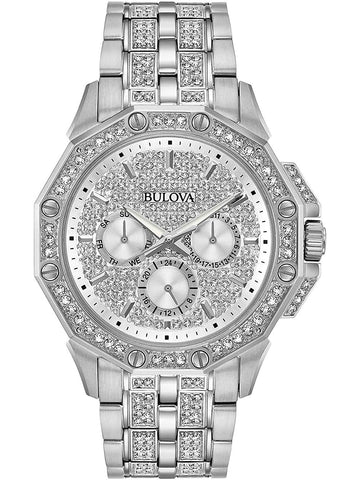 Bulova Crystal Collection Pave Silver Dial with Crystals Silver Steel Strap Watch for Men - 96C134