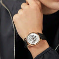 Emporio Armani Meccanico Skeleton Silver Dial Black Leather Strap Watch For Men - AR60031