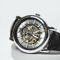 Emporio Armani Luigi Silver Skeleton Dial Black Leather Strap Watch For Men - AR1981