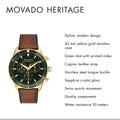 Movado Heritage Chronograph Green Dial Brown Leather Strap Watch For Men - 3650062