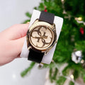 Guess G Twist Gold Dial Black Leather Strap Watch for Women - W0911L3