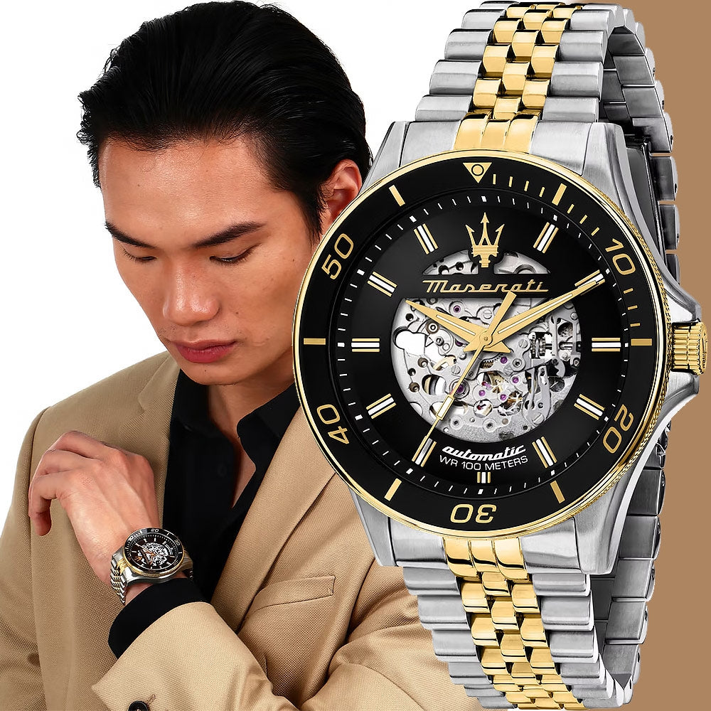 Maserati SFIDA Automatic Skeleton Black Dial Two Tone Steel Strap Watch For Men - R8823140010