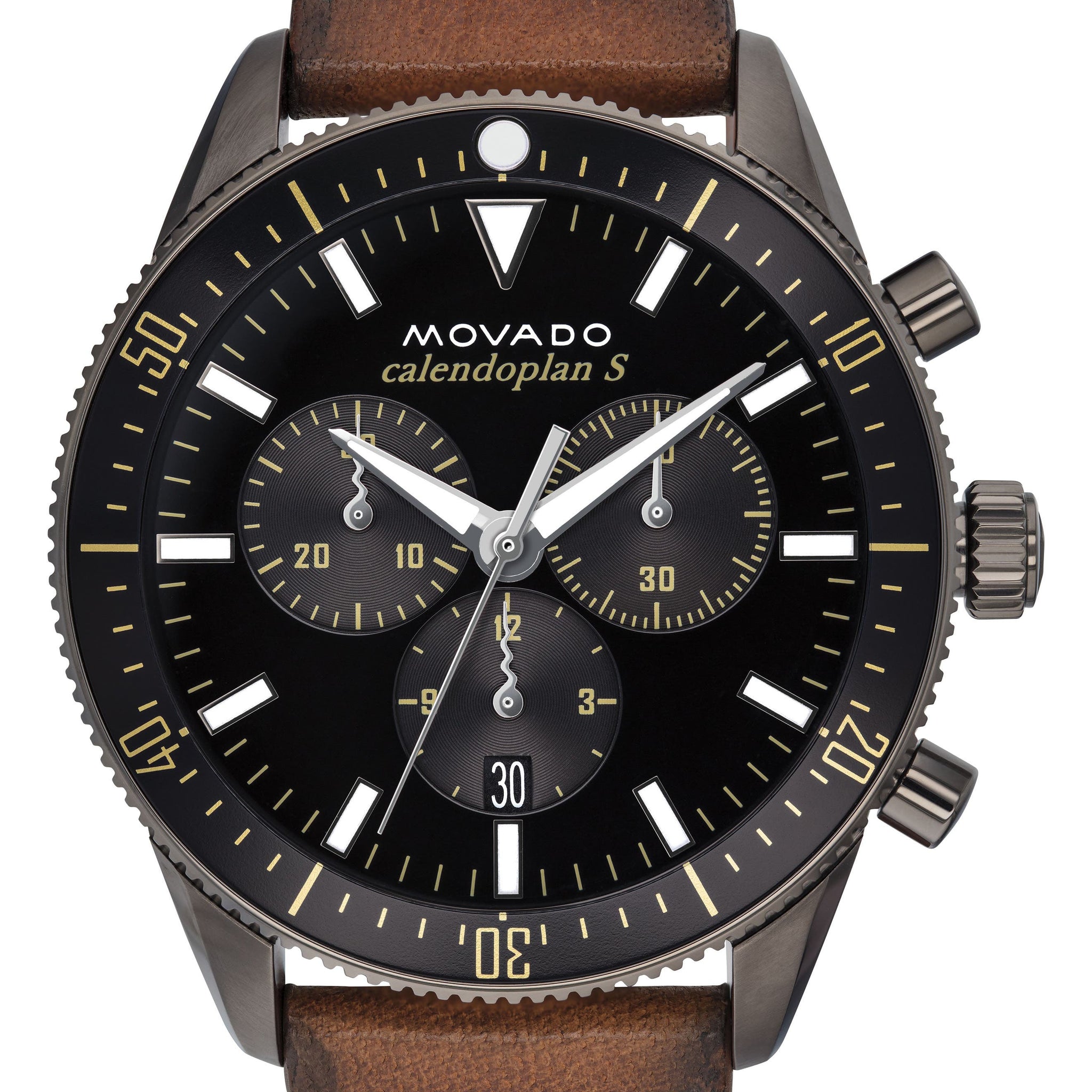 Movado Heritage Series 29mm Calendoplan Chronograph Black Dial Brown Leather Strap Watch For Men - 3650060
