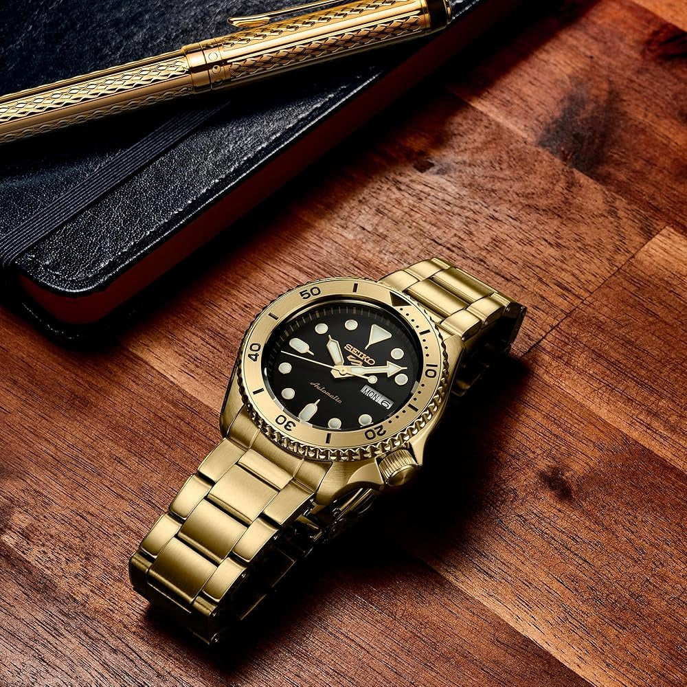 Seiko 5 Sports Automatic Black Dial Gold Steel Strap Watch For Men - SRPK18
