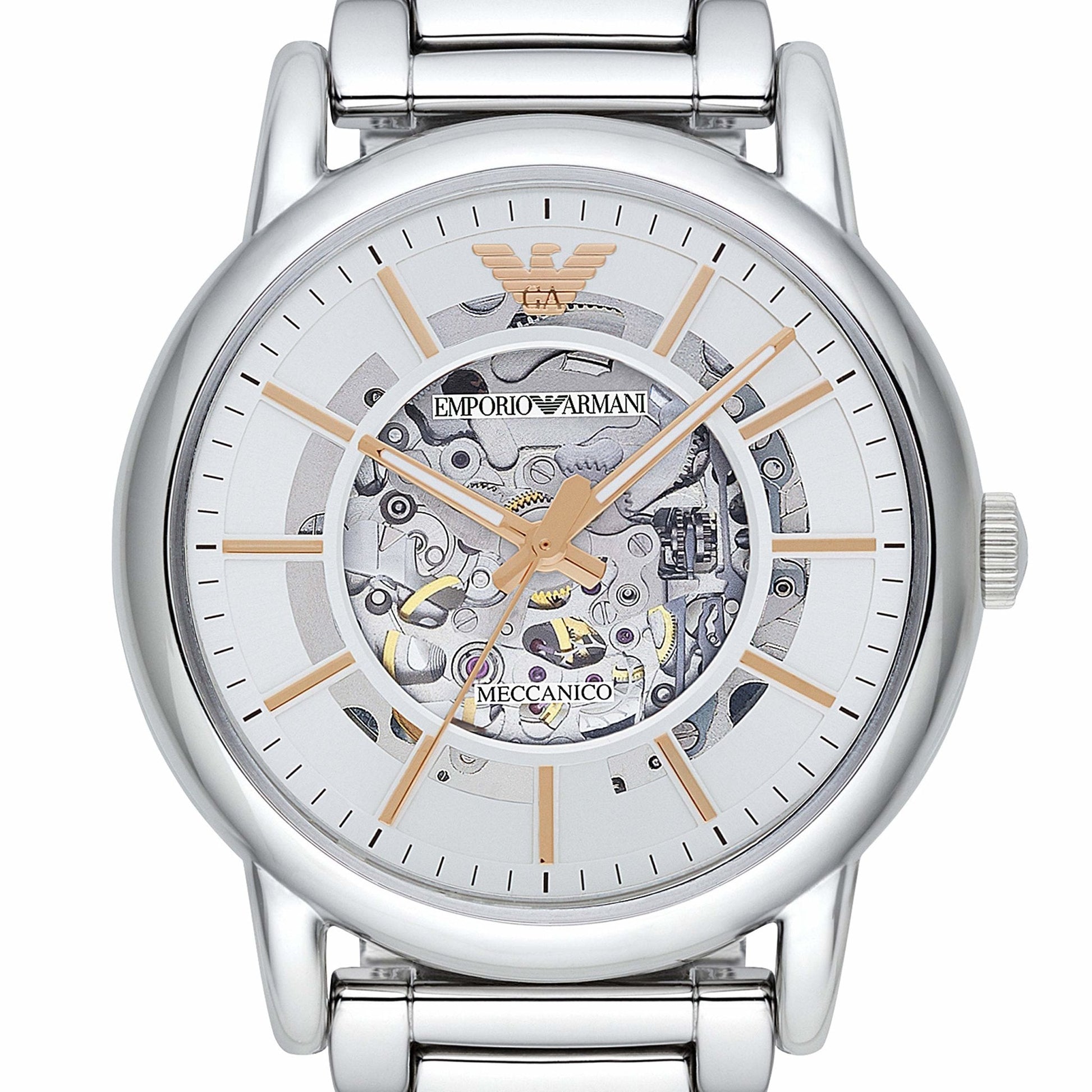 Emporio Armani Meccanico Skeleton Silver Dial Silver Steel Strap Watch For Men - AR1980