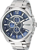 Diesel Mega Chief Chronograph Blue Dial Silver Steel Strap Watch For Men - DZ4417