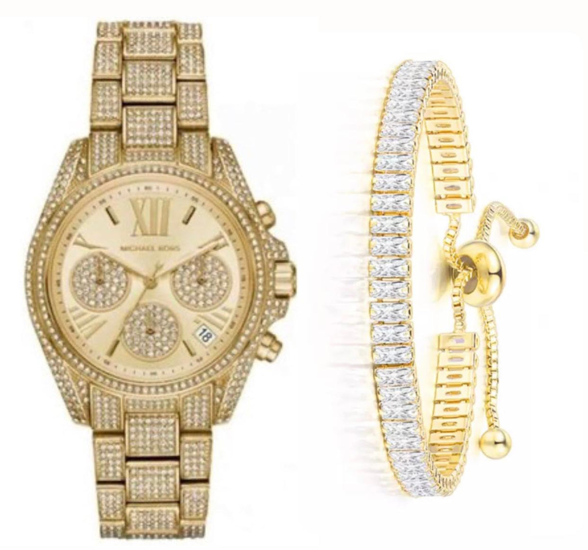 Michael Kors Mini Bradshaw Crystals Gold Dial Gold Steel Strap Watch For Women - MK6494