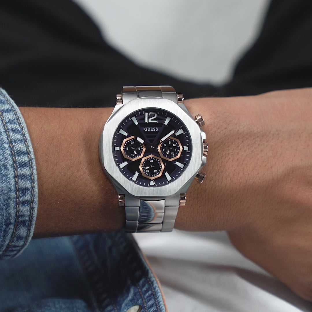 Guess Edge Chronograph Black Dial Silver Steel Strap Watch For Men - GW0539G1