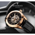 Maserati Traguardo Automatic Black Skeleton Dial Black Leather Strap Watch For Men - R8821112001