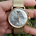 Emporio Armani Aviator Chronograph Quartz Beige Dial Gold Mesh Bracelet Watch For Men - AR11315