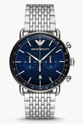 Emporio Armani Aviator Chronograph Blue Dial Silver Steel Strap Watch For Men - AR11238