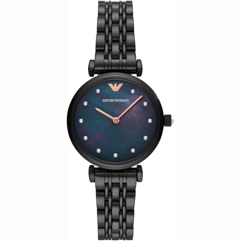 Emporio Armani Gianni T-Bar Quartz Black Mother of Pearl Dial Black Steel Strap Watch For Women - AR11268