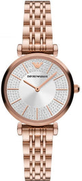 Emporio Armani Gianni T-Bar Crystals Silver Dial Rose Gold Steel Strap Watch For Women - AR11446
