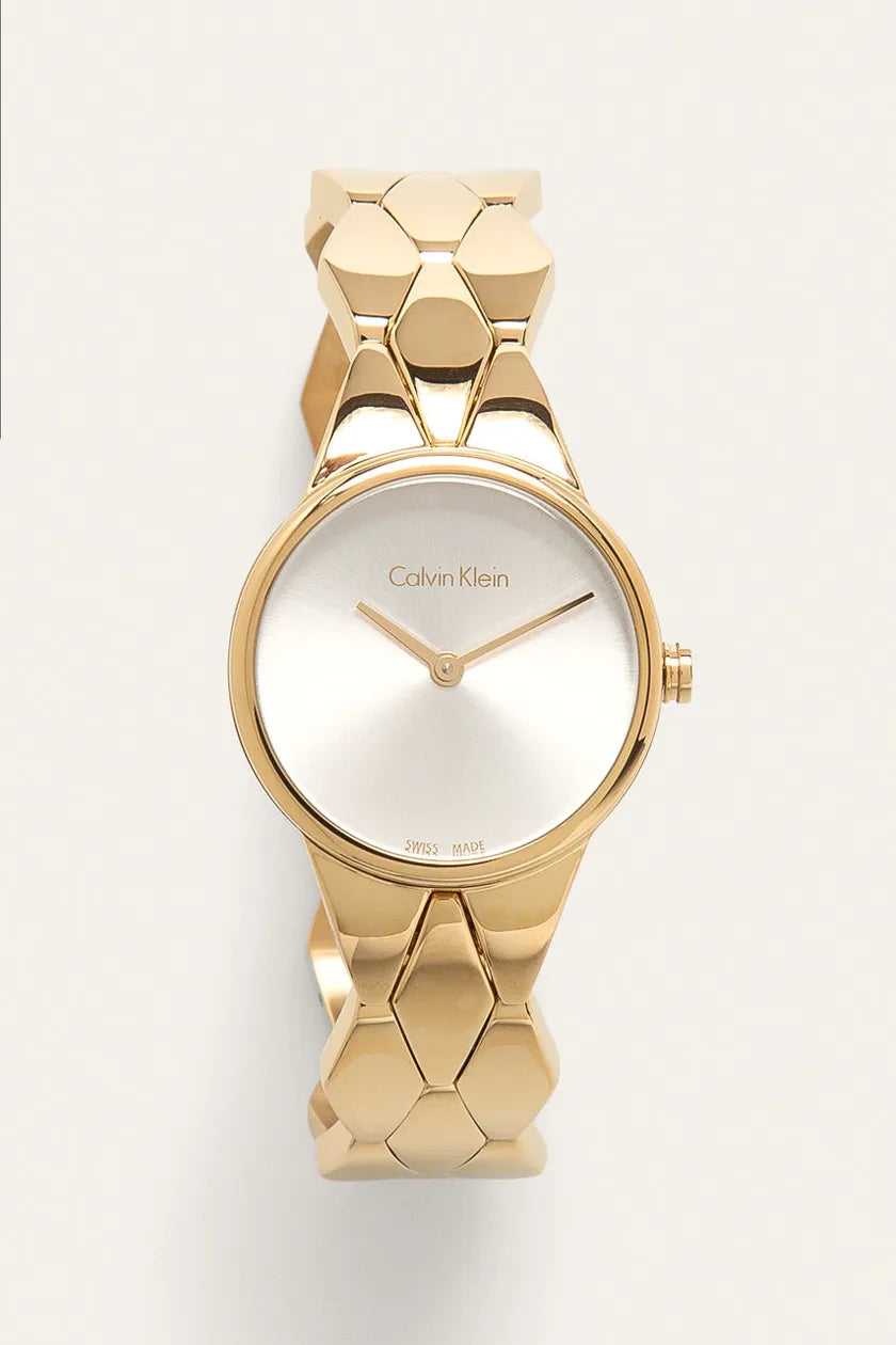 Calvin Klein Snake Silver Dial Yellow Gold Steel Strap Watch For Women - K6E23546