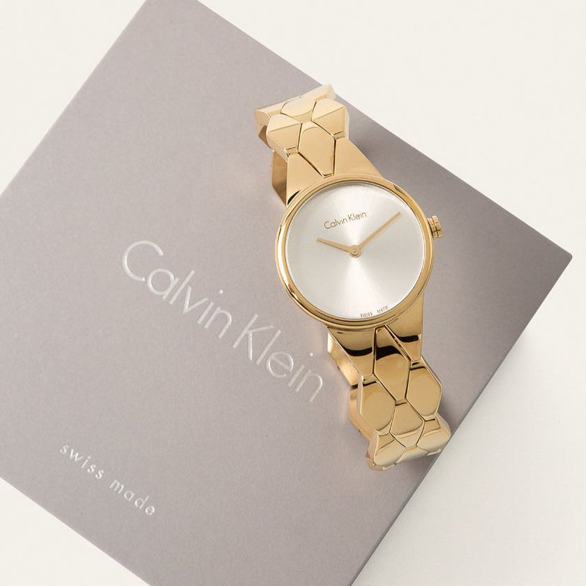 Calvin Klein Snake Silver Dial Yellow Gold Steel Strap Watch For Women - K6E23546