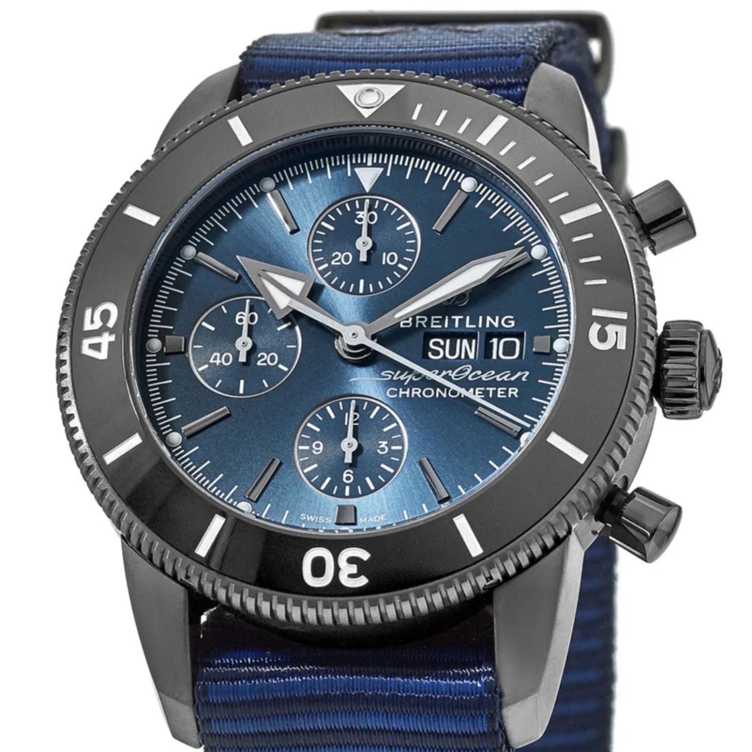 Breitling Superocean Heritage Chronograph 44 Outerknown Blue Dial Blue NATO Strap Watch for Men - M133132A1C1W1