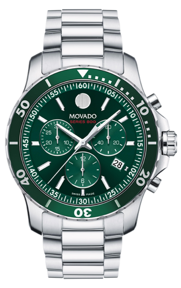 Movado Series 800 Chronograph Green Dial Silver Steel Strap Watch for Men - 2600179