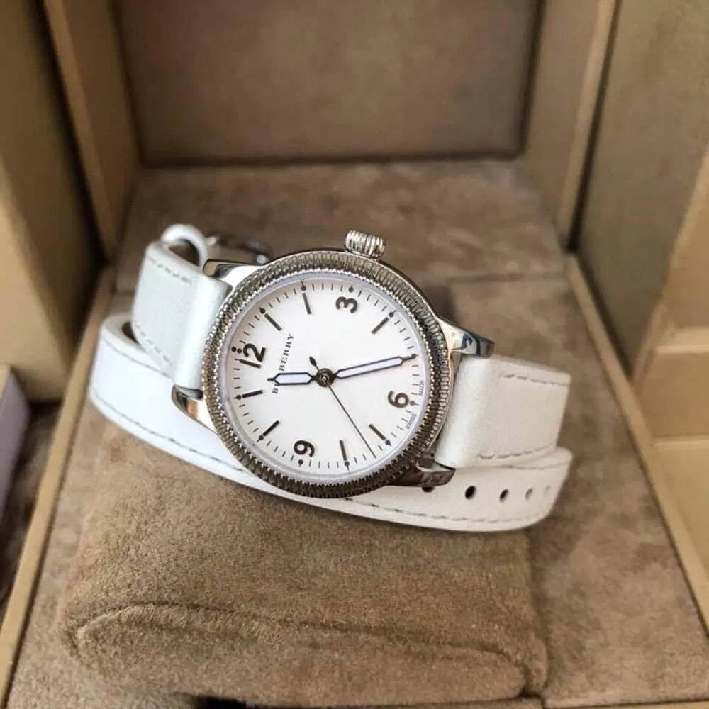 Burberry Utilitarian White Dial White Leather Strap Watch for Women - BU7846
