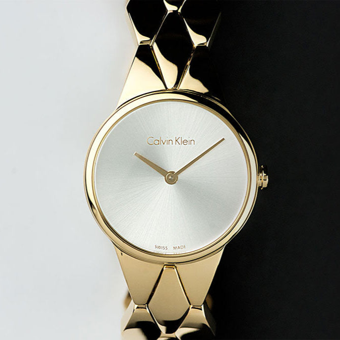 Calvin Klein Snake Silver Dial Yellow Gold Steel Strap Watch For Women - K6E23546