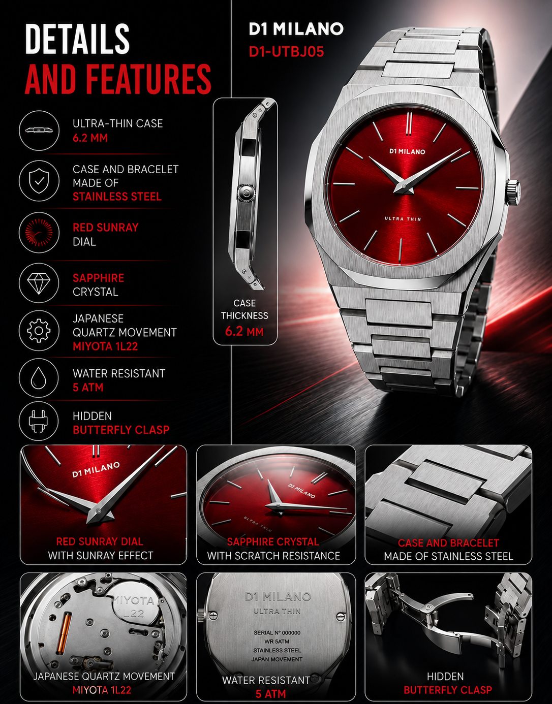 D1 Milano Ultra Thin Red Dial Silver Steel Strap Watch for Men - D1-UTBJ05