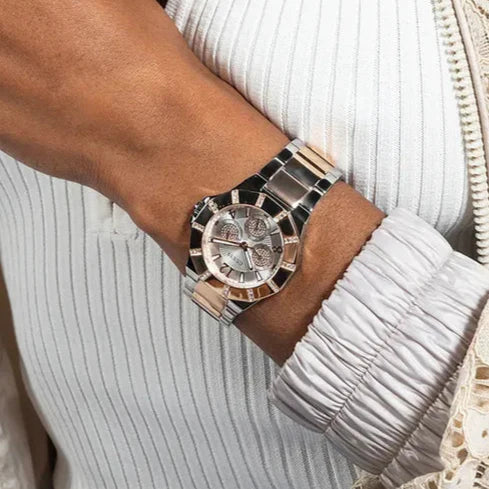 Guess Sunray Multifunction Crystals Silver Dial Two Tone Steel Strap Watch For Women - GW0616L3