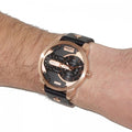 Diesel Mini Daddy Dual Time Black & Gold Dial Black Leather Strap Watch For Men - DZ7317