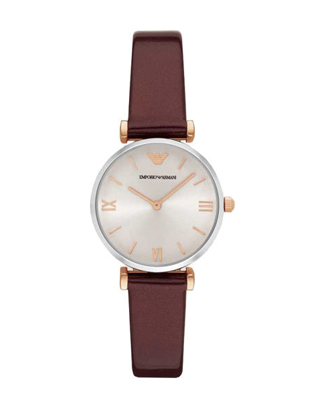 Emporio Armani Gianni T-Bar Quartz Silver Dial Brown Leather Strap Watch For Women - AR11061