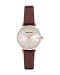 Emporio Armani Gianni T-Bar Quartz Silver Dial Brown Leather Strap Watch For Women - AR11061