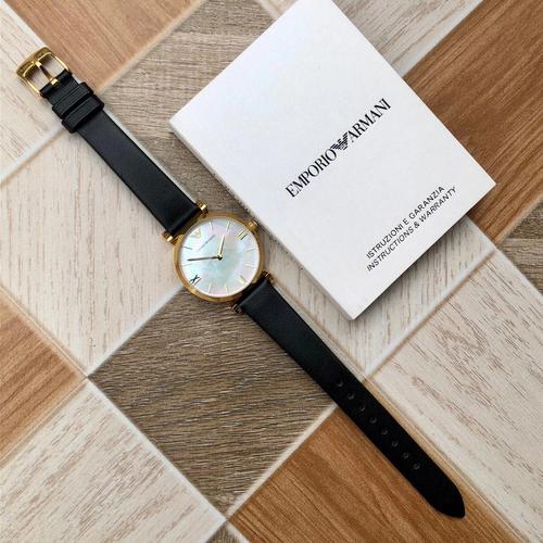 Emporio Armani Gianni T-Bar Quartz Mother of Pearl Dial Black Leather Strap Watch For Women - AR1910