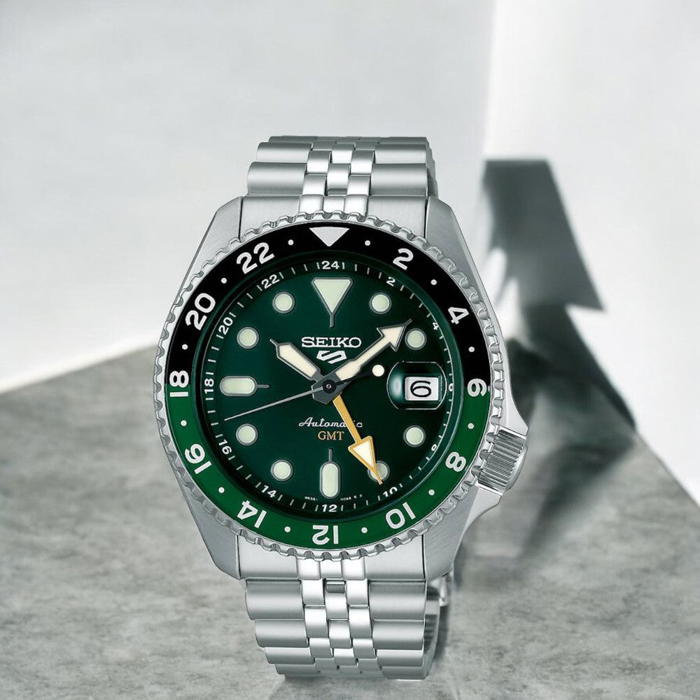 Seiko 5 Sports SKX GMT Automatic Green Dial Silver Steel Strap Watch For Men - SSK035K1