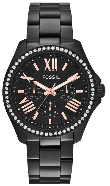 Fossil Cecile Multi Function Crystals Black Dial Black Steel Strap Watch for Women - AM4522