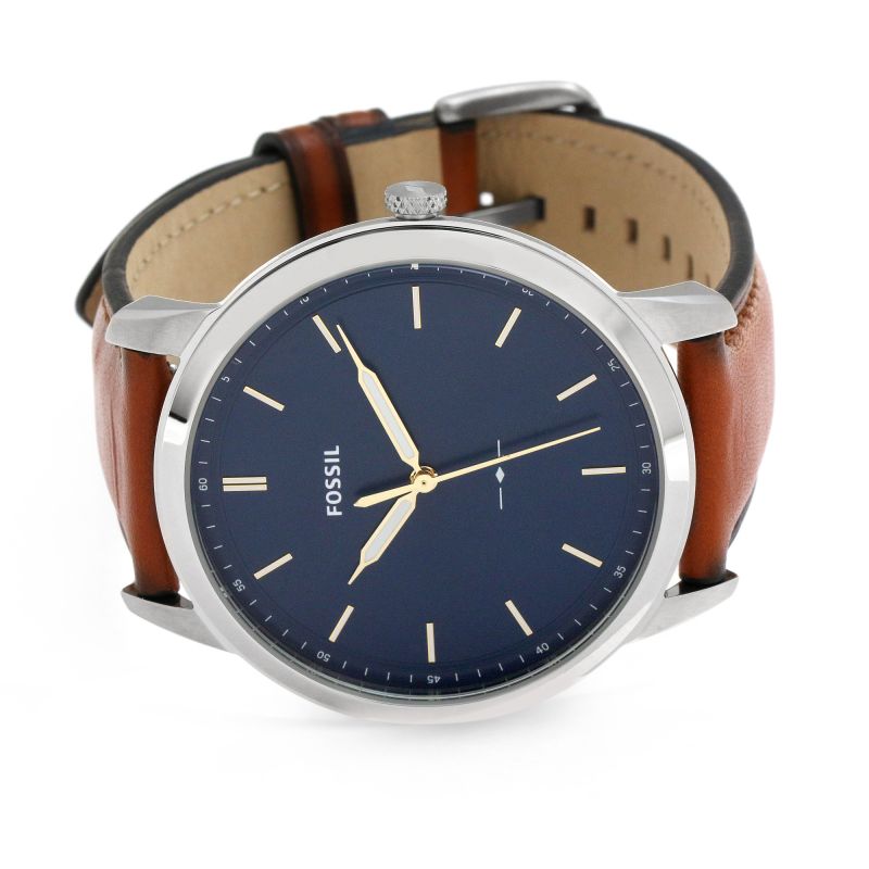 Fossil Minimalist Blue Dial Brown Leather Strap Watch for Men - FS5304