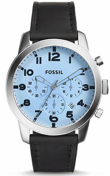 Fossil Pilot Chronograph Sky Blue Dial Black Leather Strap Watch for Men - FS5162