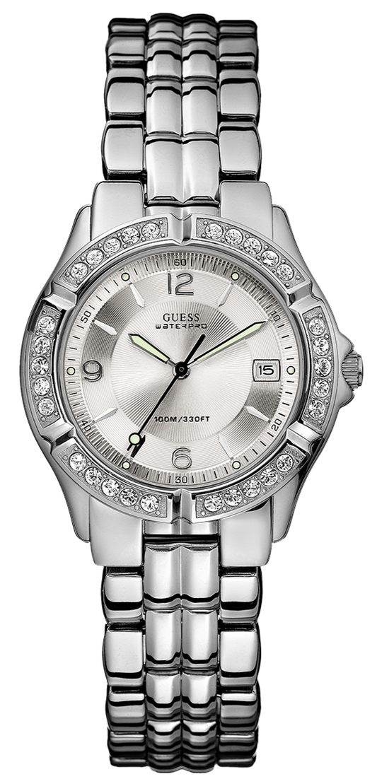 Guess Water Pro Diamonds Silver Dial Silver Steel Strap Watch For Women - G75511M