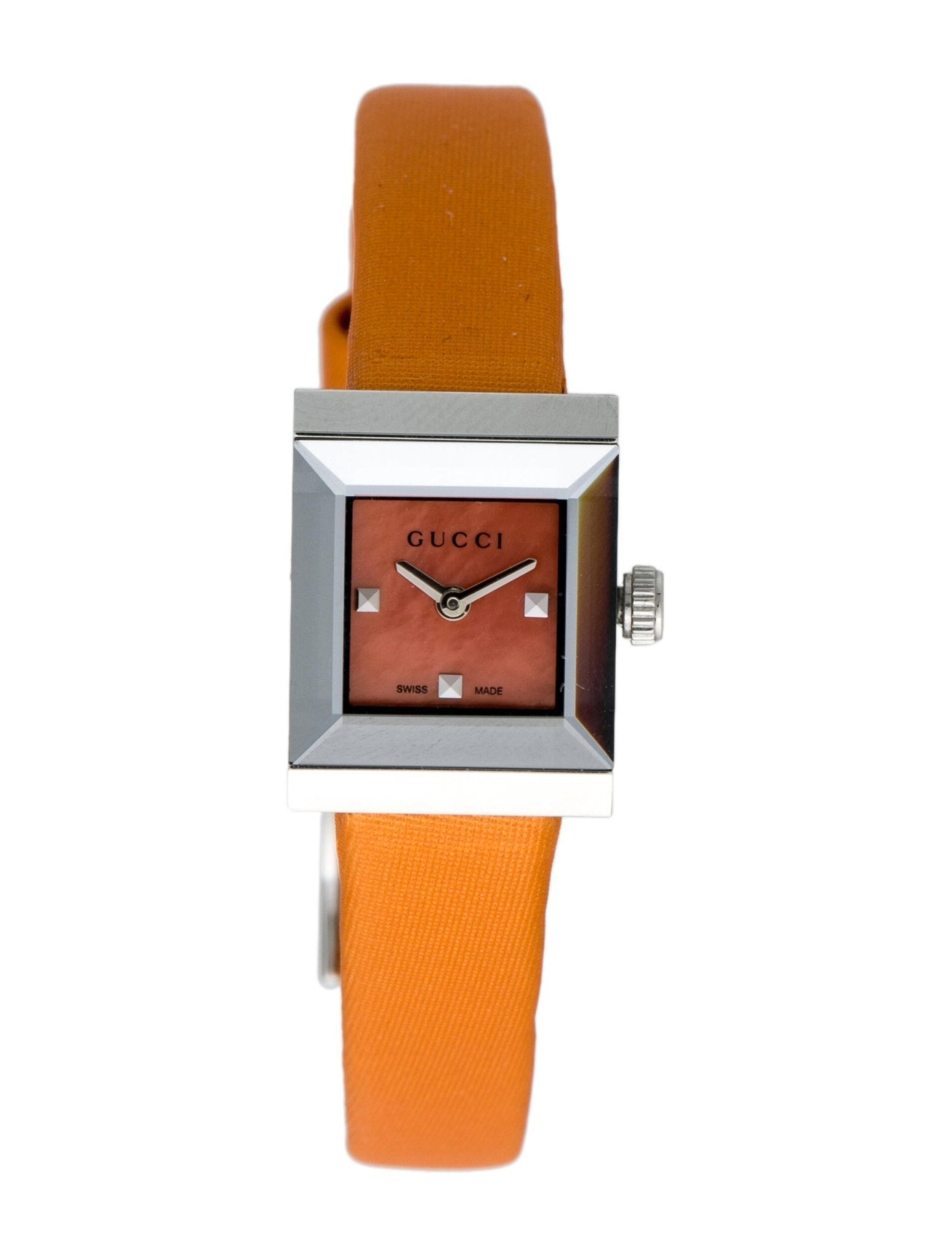 Gucci G-Frame Square Mother of Pearl Orange Dial Orange Leather Strap Watch For Women - YA128532