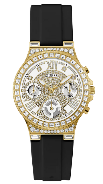 Guess Moonlight Crystals Silver Dial Black Silicone Strap Watch For Women - GW0257L1