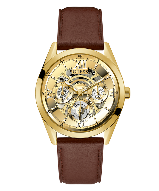 Guess Multifunction Chronograph Gold Dial Brown Leather Strap Watch For Men - GW0389G5