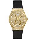 Guess Princess Crystals Gold Dial Black Silicone Strap Watch For Women - GW0439L2