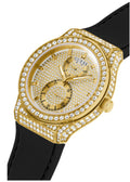 Guess Princess Crystals Gold Dial Black Silicone Strap Watch For Women - GW0439L2