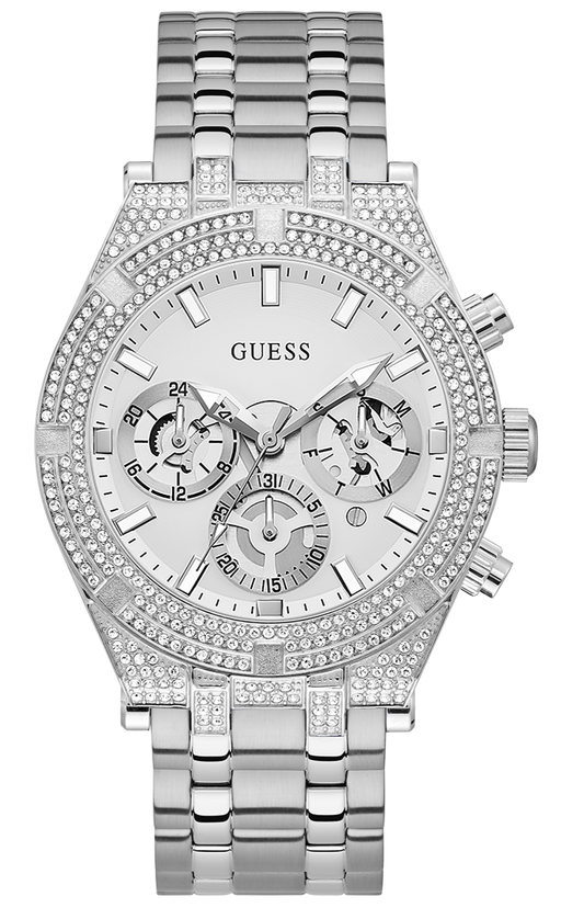 Guess Multi Function Diamonds Silver Dial Silver Steel Strap Watch For Men - GW0455G1