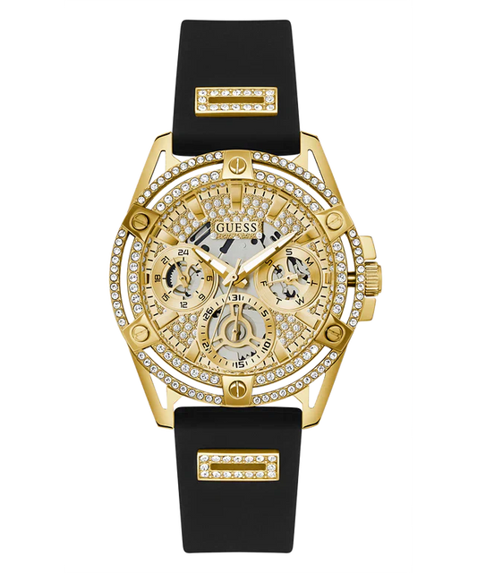 Guess Queen Quartz Gold Dial Black Silicone Strap Watch For Women - GW0536L3