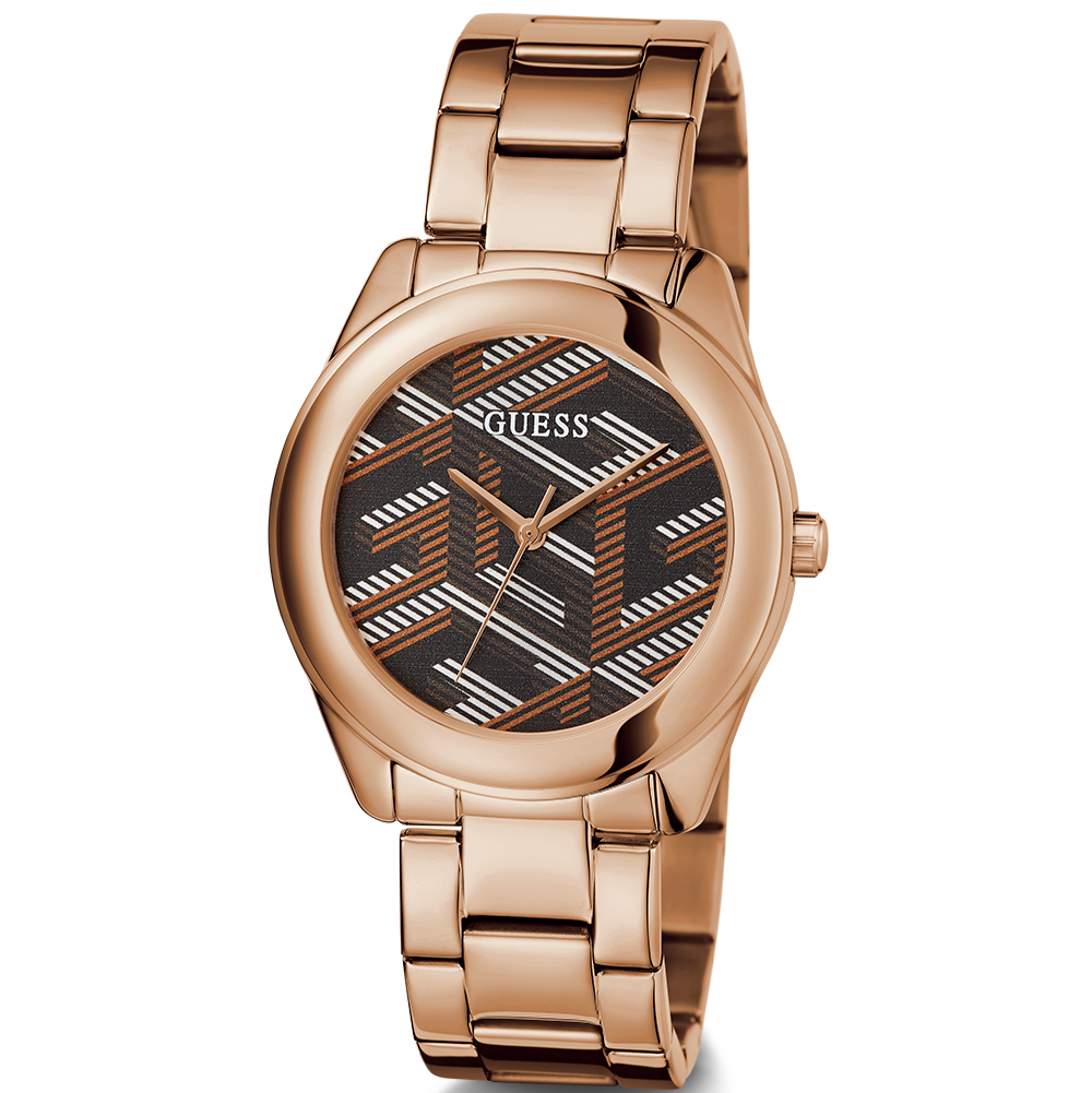 Guess Cubed Analog Black Dial Rose Gold Steel Strap Watch For Women - GW0607L3