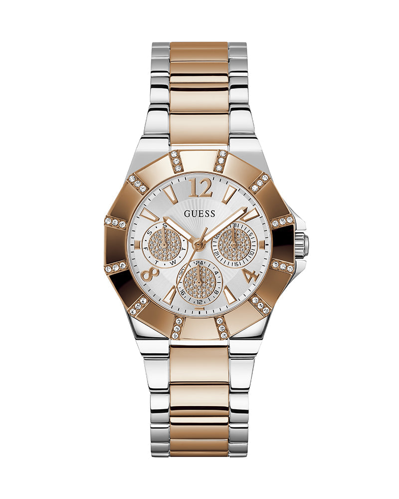 Guess Sunray Multifunction Crystals Silver Dial Two Tone Steel Strap Watch For Women - GW0616L3