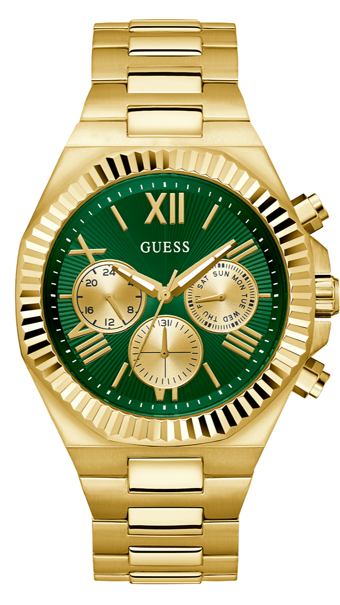 Guess Equity Analog Green Dial Gold Steel Strap Watch For Men - GW0703G2
