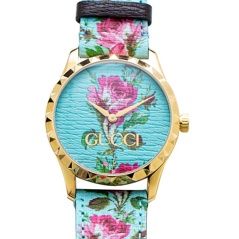 Gucci G Timeless Floral Turquoise Dial Turquoise Leather Strap Watch For Women - YA1264085