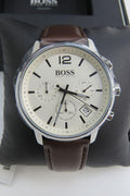 Hugo Boss Slim Chronograph White Dial Brown Leather Strap Watch For Men - 1513263