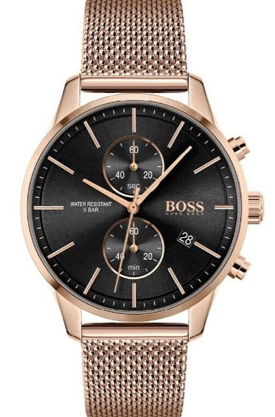 Hugo Boss Associate Black Dial Rose Gold Mesh Bracelet Watch for Men - 1513806