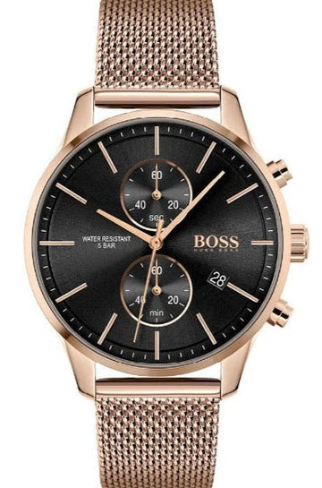 Hugo Boss Associate Black Dial Rose Gold Mesh Bracelet Watch for Men - 1513806