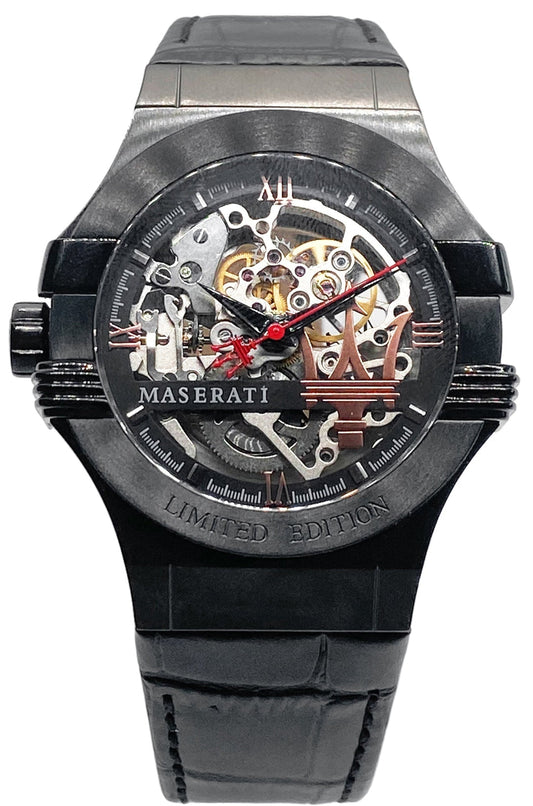 Maserati Automatic Skeleton Black Dial Black Leather Strap Watch For Men - R8821108021